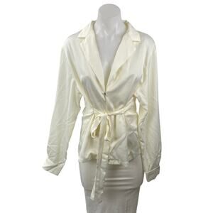 Commense Women's White Satin Long Sleeve Tie Front Shirt Tunic Wrap Blouse Top S